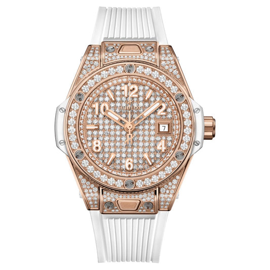 Hublot Big Bang One Click King Gold White Full Pave 33mm Rose Gold Ladies Watch